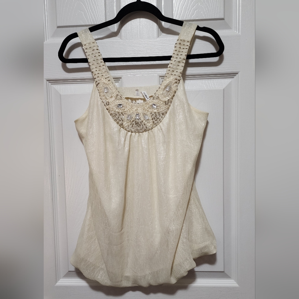 Studio Y Cream Beaded Neck Sleeveless Blouse